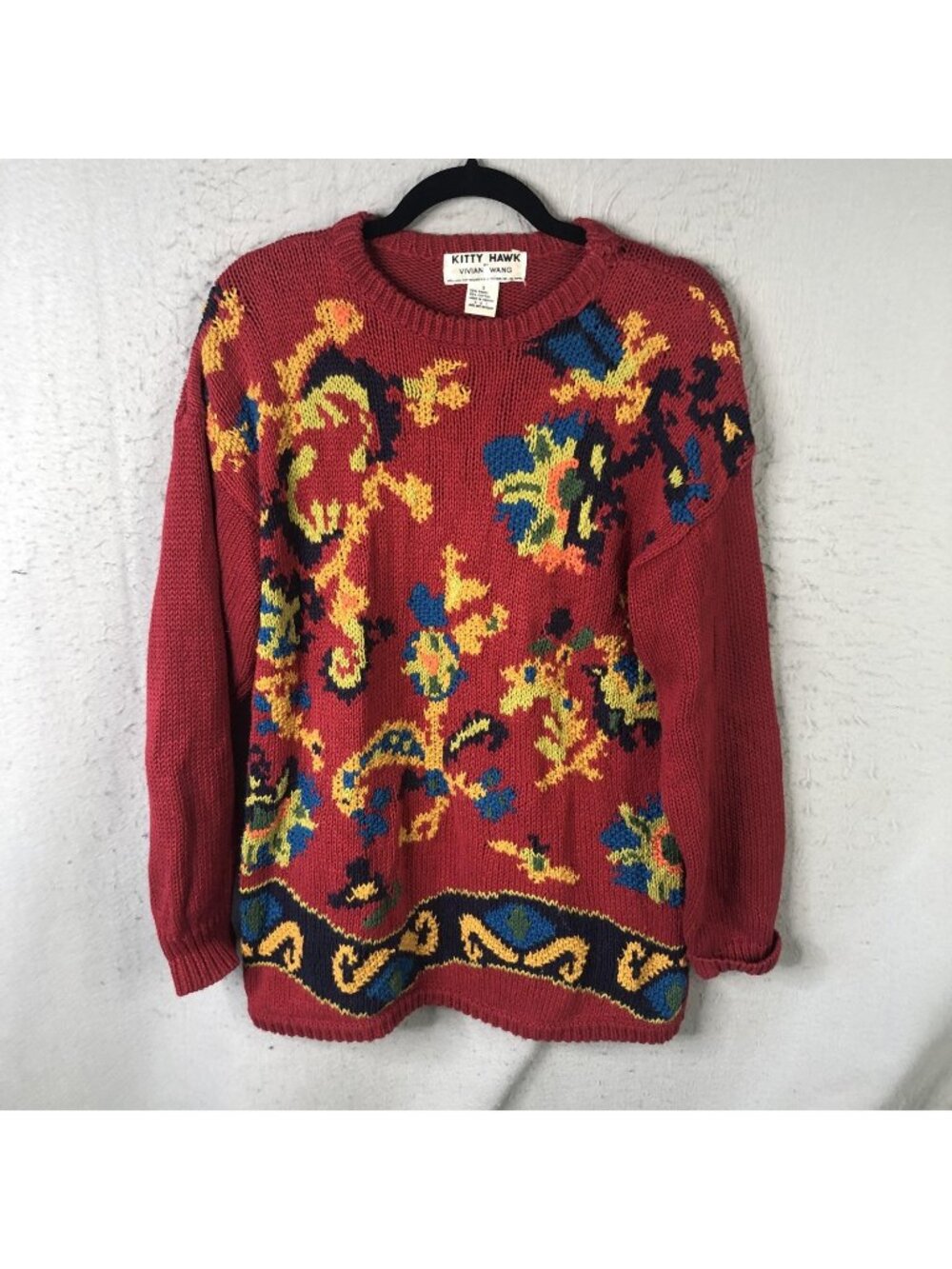 Vintage Statement Sweater Womens S Red Colorful Abstract Floral Knit 80s Granny
